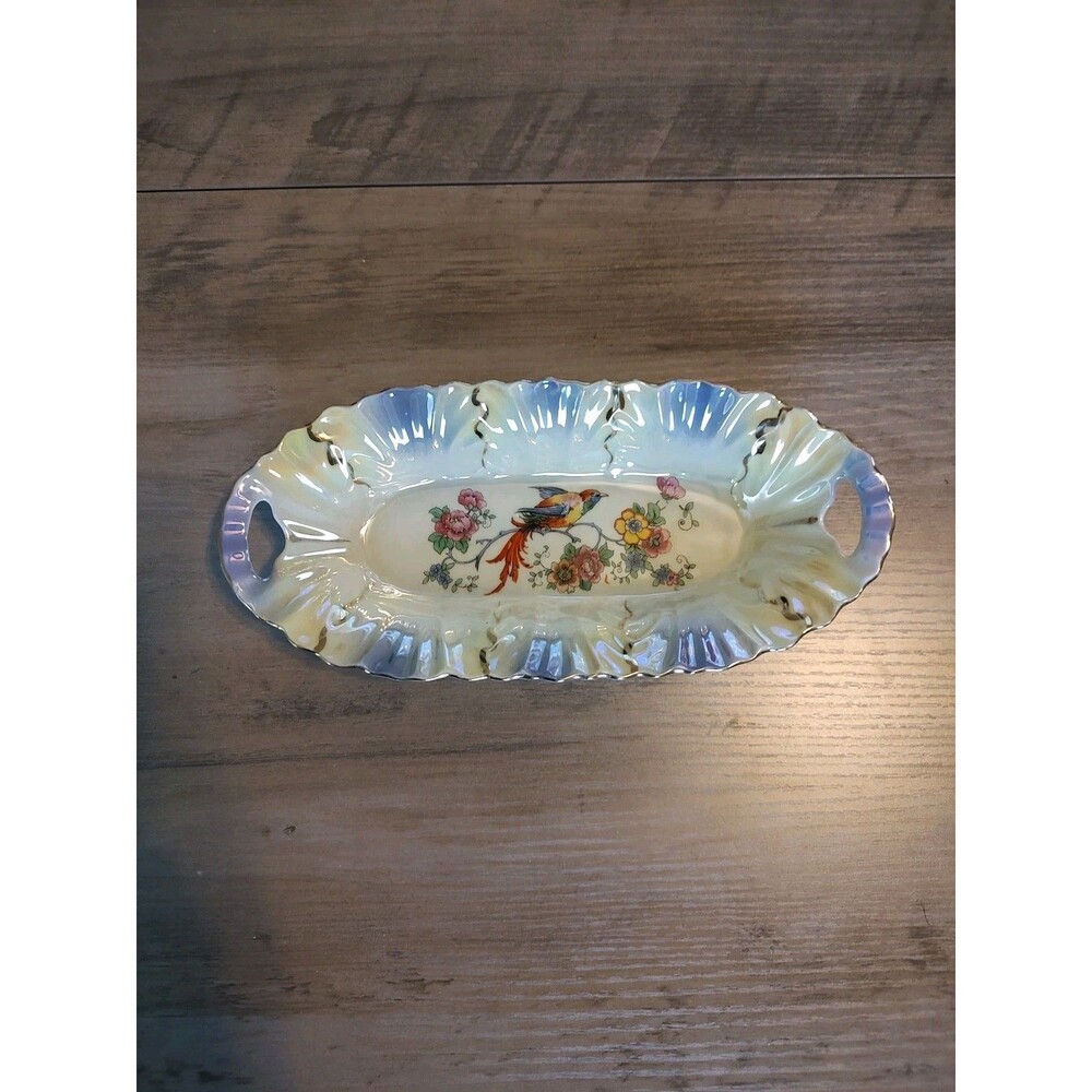 German Lustreware Celery Trinket Dish Bird of Paradise Design Marked Germany